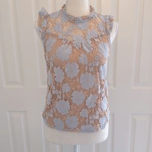 Beautiful blue and blush lace appliqué sleeveless dressy top. Worn 2x. Small
